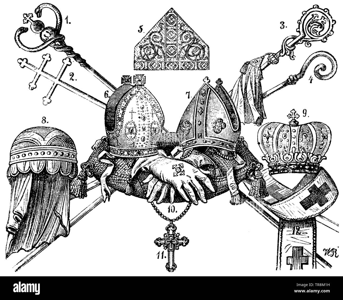 Würde Mark und Kleider des Bischofs. 1) Das Personal der Bischof der griechisch-katholischen Kirche; 2) Personal eines römischen Erzbischof; 3 und 4) des römischen Bischofs Personal; 5, 6, 7) römischen Hut; 8, 9) Griechische Mitra; 10) Handschuh mit Quaste; 11) Brustkreuz aus dem 15. Jahrhundert; 12) Schulter Binden an einen Bischof der griechisch-katholischen Kirche,, (Enzyklopädie, 1893) Stockfoto