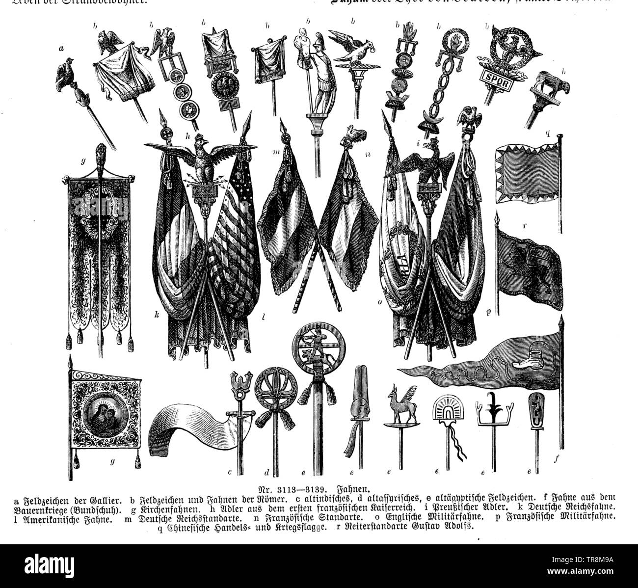 Historische Flaggen: ein Zeichen der Gallier b. Feld Schildern und Flaggen der Römer C. Alte indische e. Antike Ägyptische Feld Zeichen w. Flaggen aus der Bauernkriege (bundschuh). g Kirche Flagge h. Adler von der ersten französischen Reich ich. Preussischen Adler k. Deutsche Reis Flagge. Ich amerikanische Flagge. m Deutschen imperial Standard. n französischer Standard. o Englisch Militär Flagge. p beim französischen Militär Flagge. q der chinesischen Händler und Krieg Flagge. r Gustav Adolf Reiter Standard. g. Gustav Adolf,, (Enzyklopädie, 1893) Stockfoto