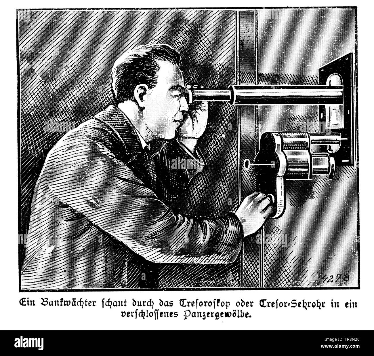 Bank guard schaut durch ein Periskop in einen geschlossenen Rüstung Vault,, (Kalender, 1934) Stockfoto