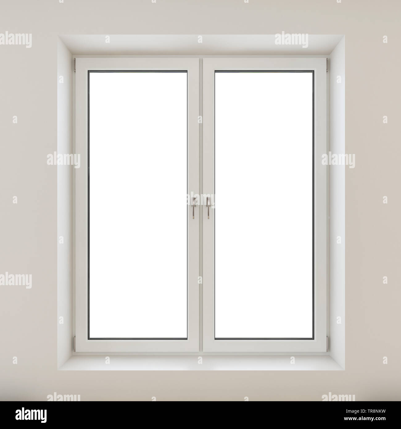 Weißer Kunststoff doppelte Tür fenster auf weiße Wand isoliert, 3D-Rendering Stockfoto