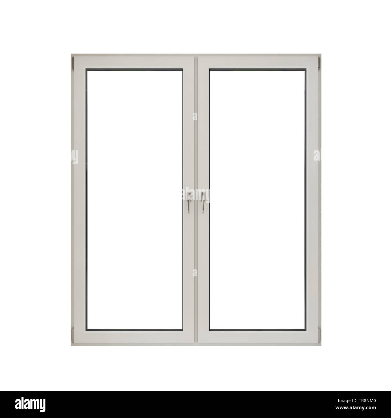 Weißer Kunststoff doppelte Tür fenster auf weißem Hintergrund, 3D-Rendering Stockfoto