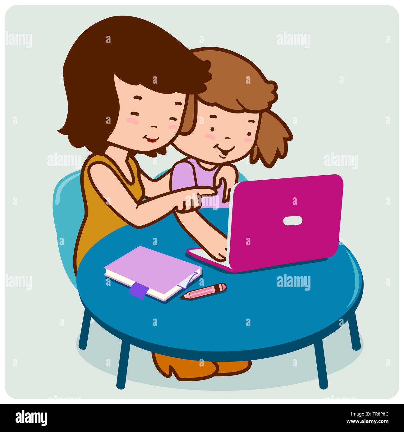 Abbildung: eine Mutter und ein Kind sitzen auf dem Schreibtisch vor dem Computer. Stockfoto