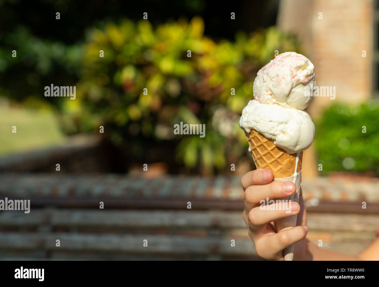 Junge asiatische Hand mit einem Tropfen Vanille Eiscreme Kegel Stockfoto