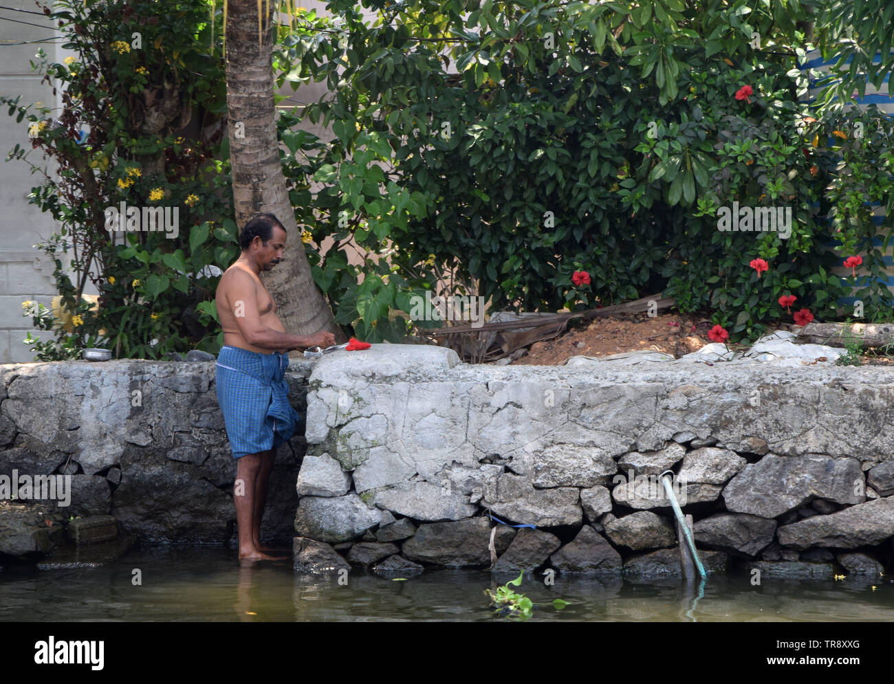 Mann waschen im Fluss, alleppey, kerala, indiam Stockfoto