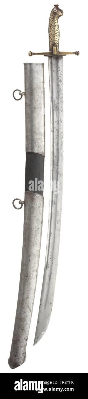 Ein Carabinier Sabre, als verschlissen ca. 1760 Schwere Klinge à la Montmorency, das untere Drittel mit Sonne, Mond und andere Symbole eingraviert. Messing Griff mit geraden quillons, zwei lanyard Ringe seitlich, skaliert Griff und Lion's Head Knauf. Leder Holz Scheide mit langen Medaillon und Mantel und zwei bewegliche Aufhängung Ringe. Klinge leicht über-poliert, die Scheide mit leichten Anzeichen von Alter und Nutzung. Länge 100,5 cm. Die Carabinier und Rifleman Korps von Schaumburg-Lippe-Bückeburg wurde 1753 gegründet und wurde bald sowohl unter Freunden und Feinden, Additional-Rights - Clearance-Info - Not-Available bekannt Stockfoto