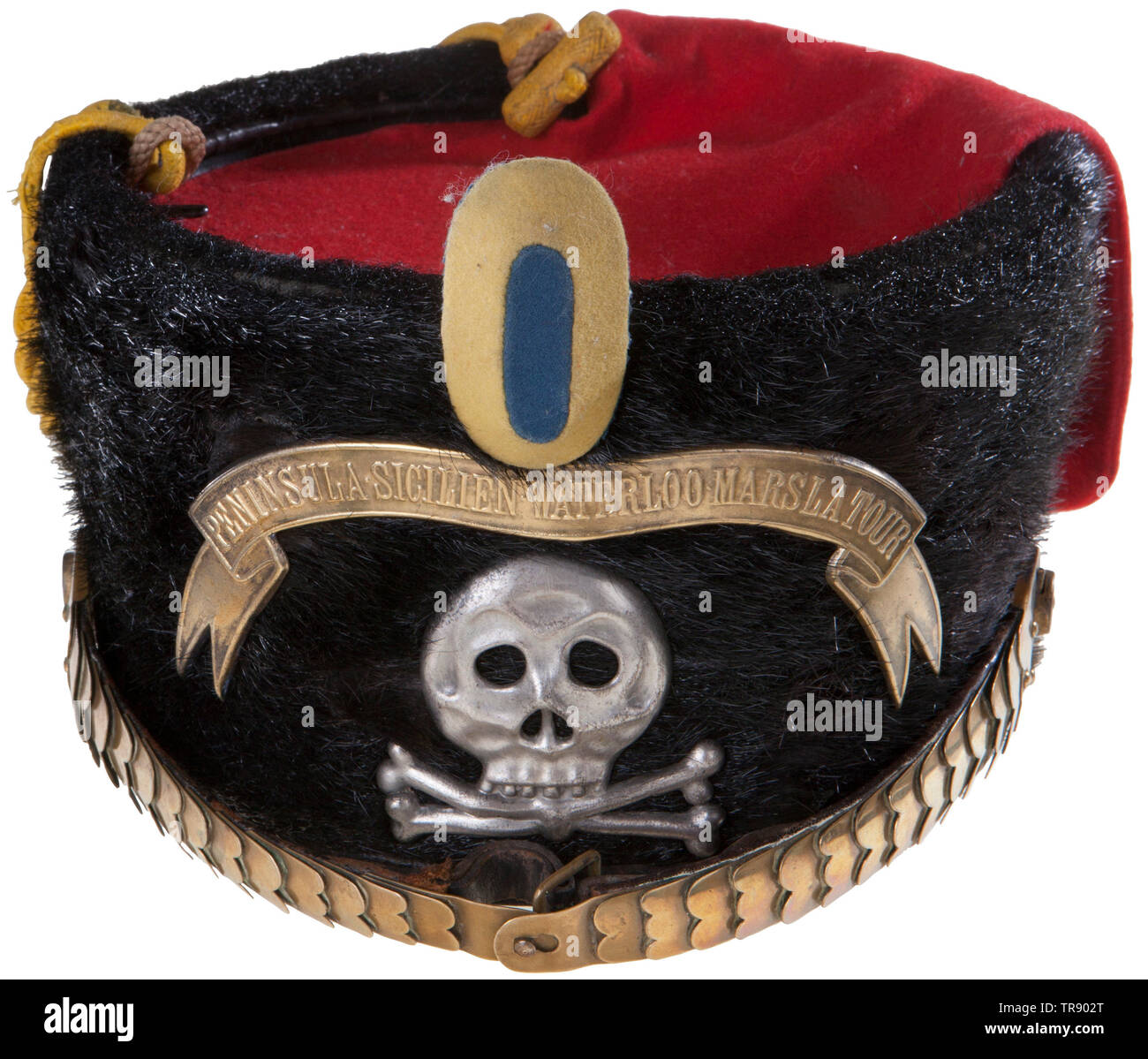 Ein busby für Soldaten, die Brunswick 17 Husarenregiment Silber Totenkopf Frontplatte, gold Bandeau mit regimental Schlachten von: Halbinsel, Sicilien, Waterloo, Mars la Tour. "HR 17" und "1889" in roter Farbe und '1901' und '1E' in weißer Farbe. Kampherstamps auf der Oberseite der Innenfutter. Red Kolpak, Messing abgerundete chinscales, gelb Parade Schnüre, nationalen Kokarde und gelb/blaue Feld Abzeichen. Black Seal Fell Exterieur und schwarz Innenfutter aus Leder. USA - Los, Seite 5 Siehe. historischen, geschichtlichen, Preußen, Preußen, Deutsche, Deutschland, Militaria, Mi, Additional-Rights - Clearance-Info - Not-Available Stockfoto