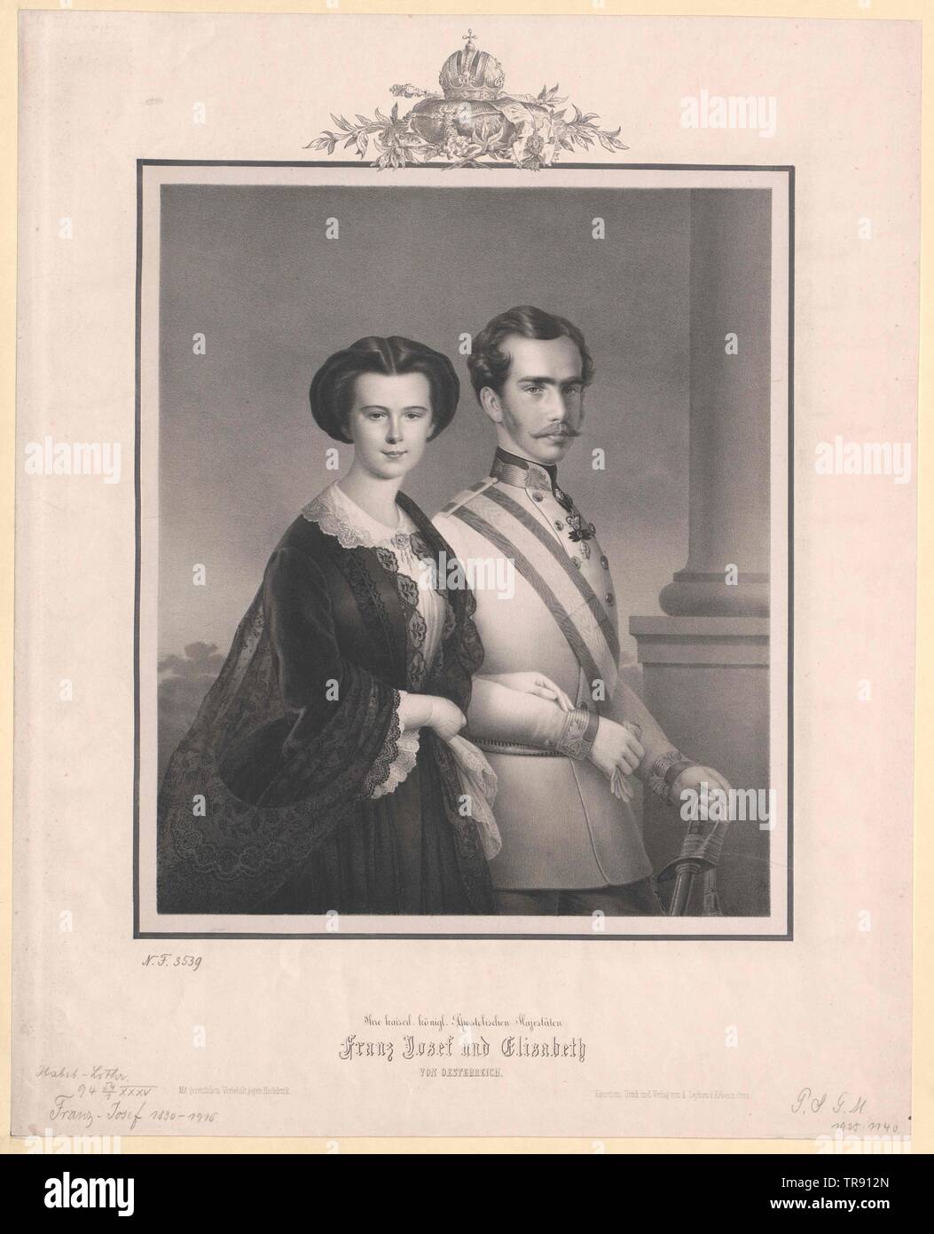 Bild Kaiser Franz Joseph I. mit Gattin Kaiserin Elisabeth, Lithographie von Adolf Dauthage (basierend auf Gemälde von Anton Einsle 1858),, Additional-Rights - Clearance-Info - Not-Available Stockfoto