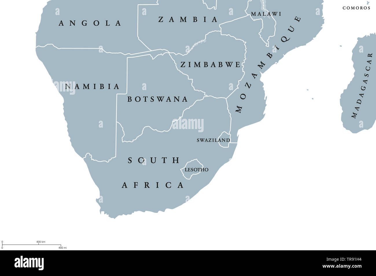 Region des südlichen Afrika politische Karte. Die südlichste Region des afrikanischen Kontinents. Südafrika, Namibia, Botswana, Swaziland und Lesotho. Englisch. Stockfoto