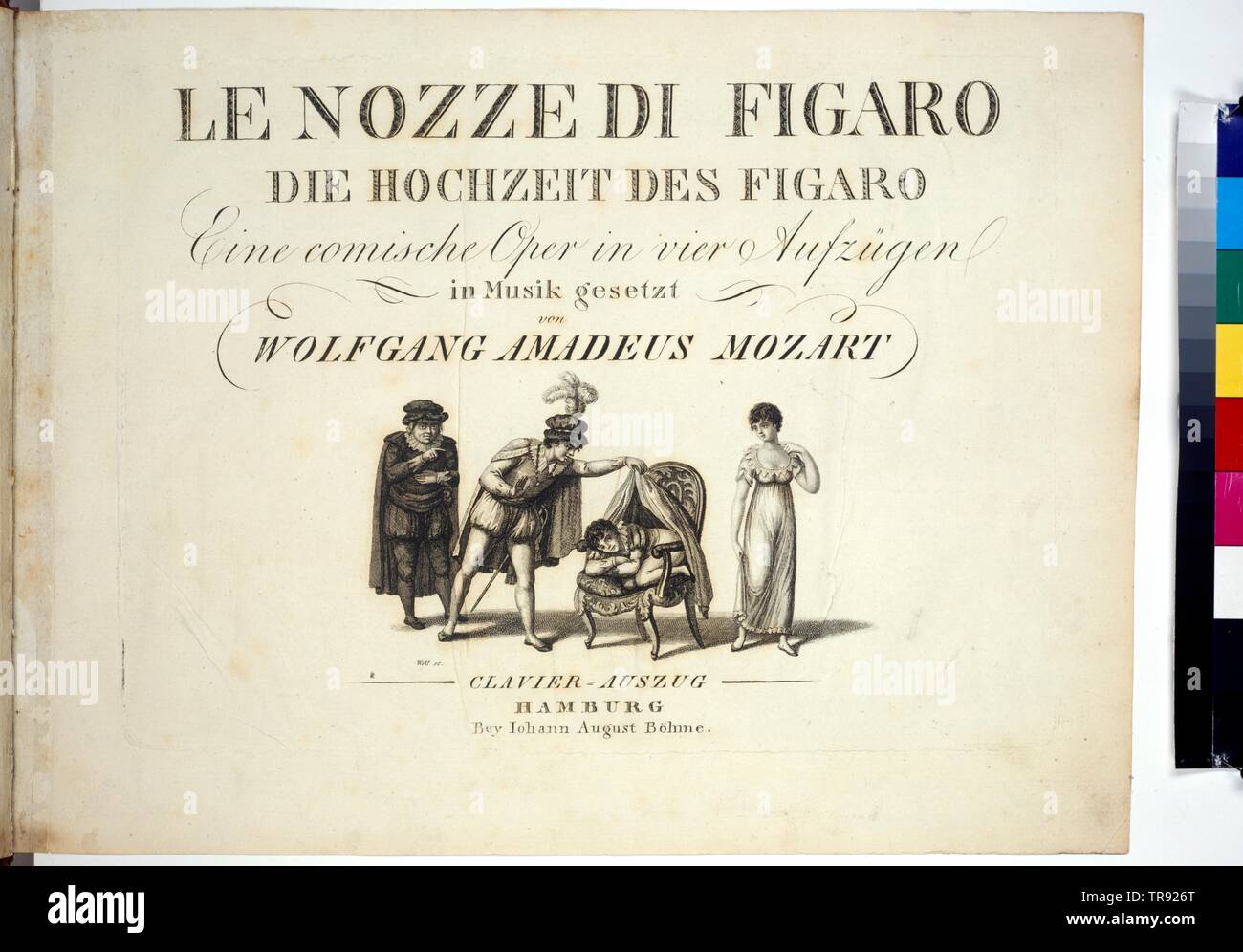 Titel Seite "La die Hochzeit des Figaro" (Die Hochzeit des Figaro), eine komische Oper in 4 Aufzügen von Wolfgang Amadeus Mozart, Hamburg: Johann August Bohme Seite ein. piano Score mit italienischen und deutschen Text, Additional-Rights - Clearance-Info - Not-Available Stockfoto