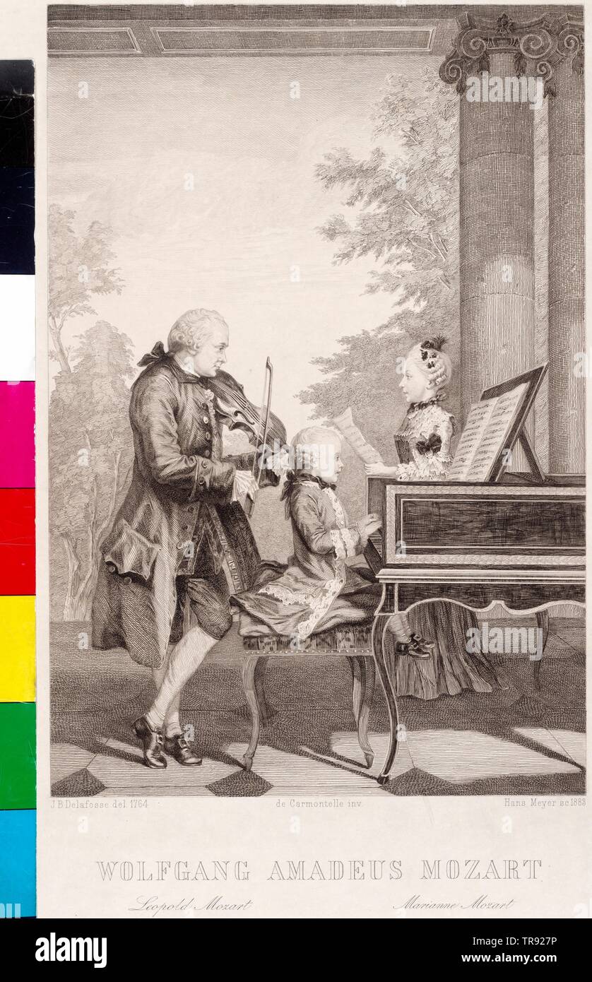 Leopold Mozart mit seinen Kindern zu spielen, Leopold Mozart mit seiner elfjährigen Tochter Maryanne und seine sieben Jahre alten Sohn Wolfgang konzertieren, Additional-Rights - Clearance-Info - Not-Available Stockfoto