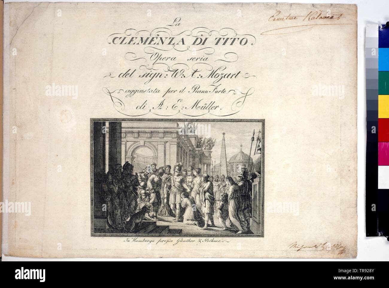 Titel Seite "La clemenza di Tito", einer Oper von Wolfgang Amadeus Mozart. Hamburg: Guenther, & Böhmische 1795. Klavierauszug, Additional-Rights - Clearance-Info - Not-Available Stockfoto