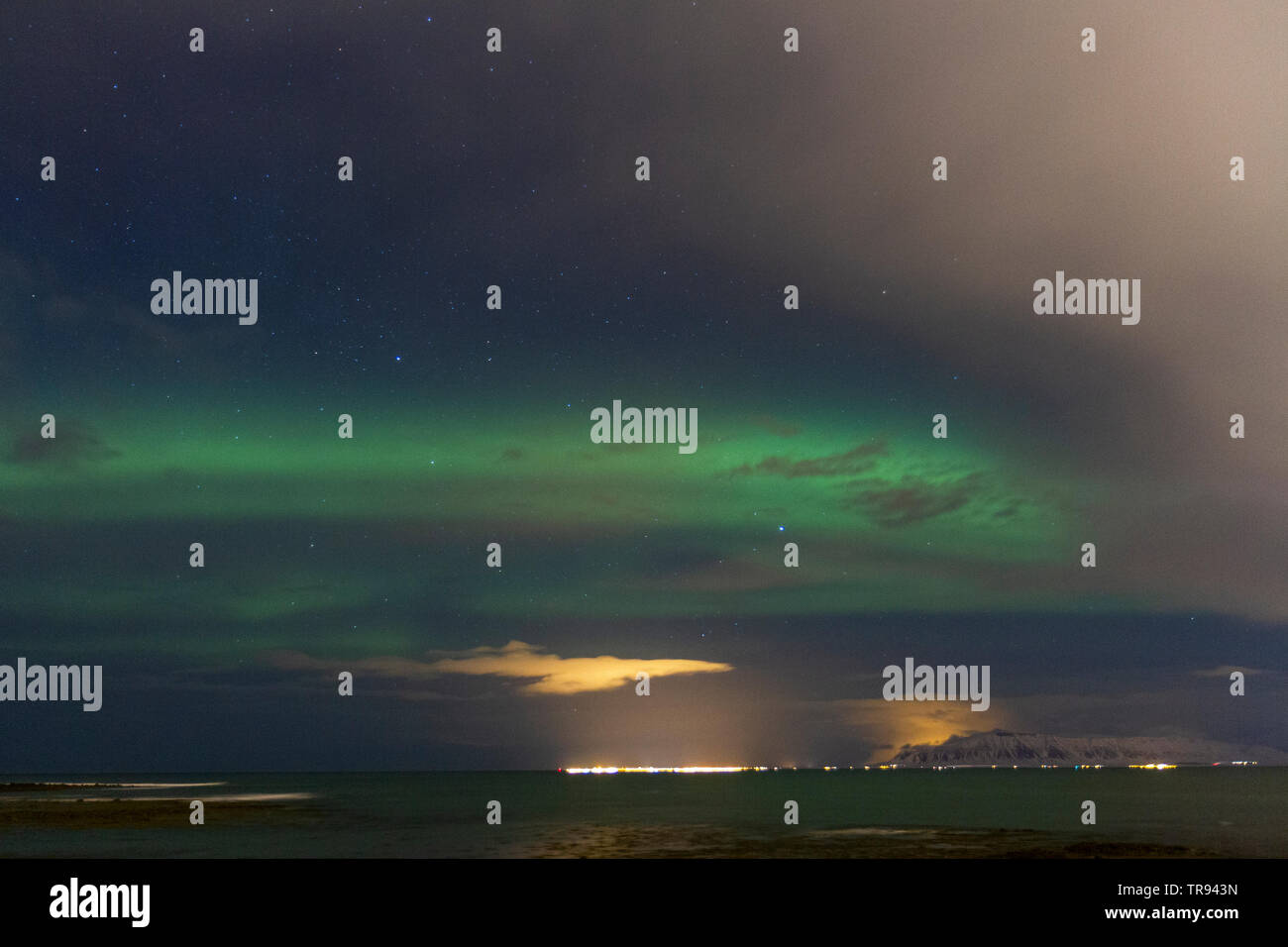 Aurora Borealis (Nordlicht) aus gesehen in der Nähe von seltjarnarnes Grótta Insel, in der Nähe von Reykjavik, Island. Stockfoto