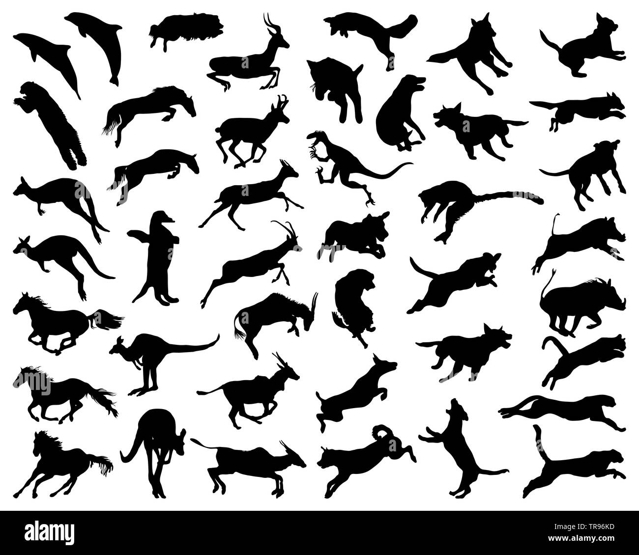 Schwarze Silhouetten von Tieren in einem Sprung auf weißem Hintergrund Stockfoto