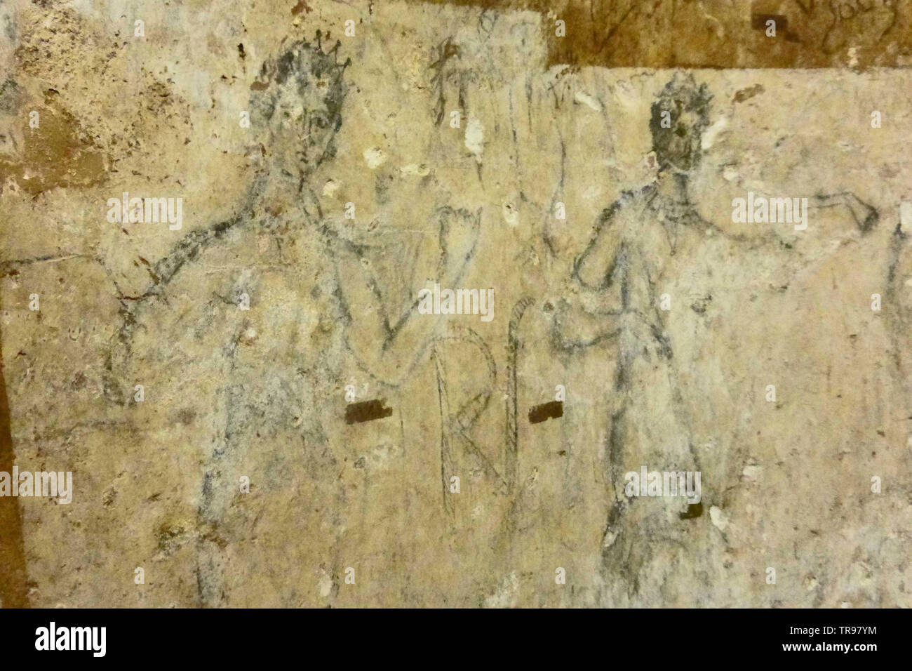 4./5. Jahrhundert römischen Graffiti an den Wänden der U-HYPOGEUM unter der Kirche von San Salvatore in Sinis, Sardinien Stockfoto