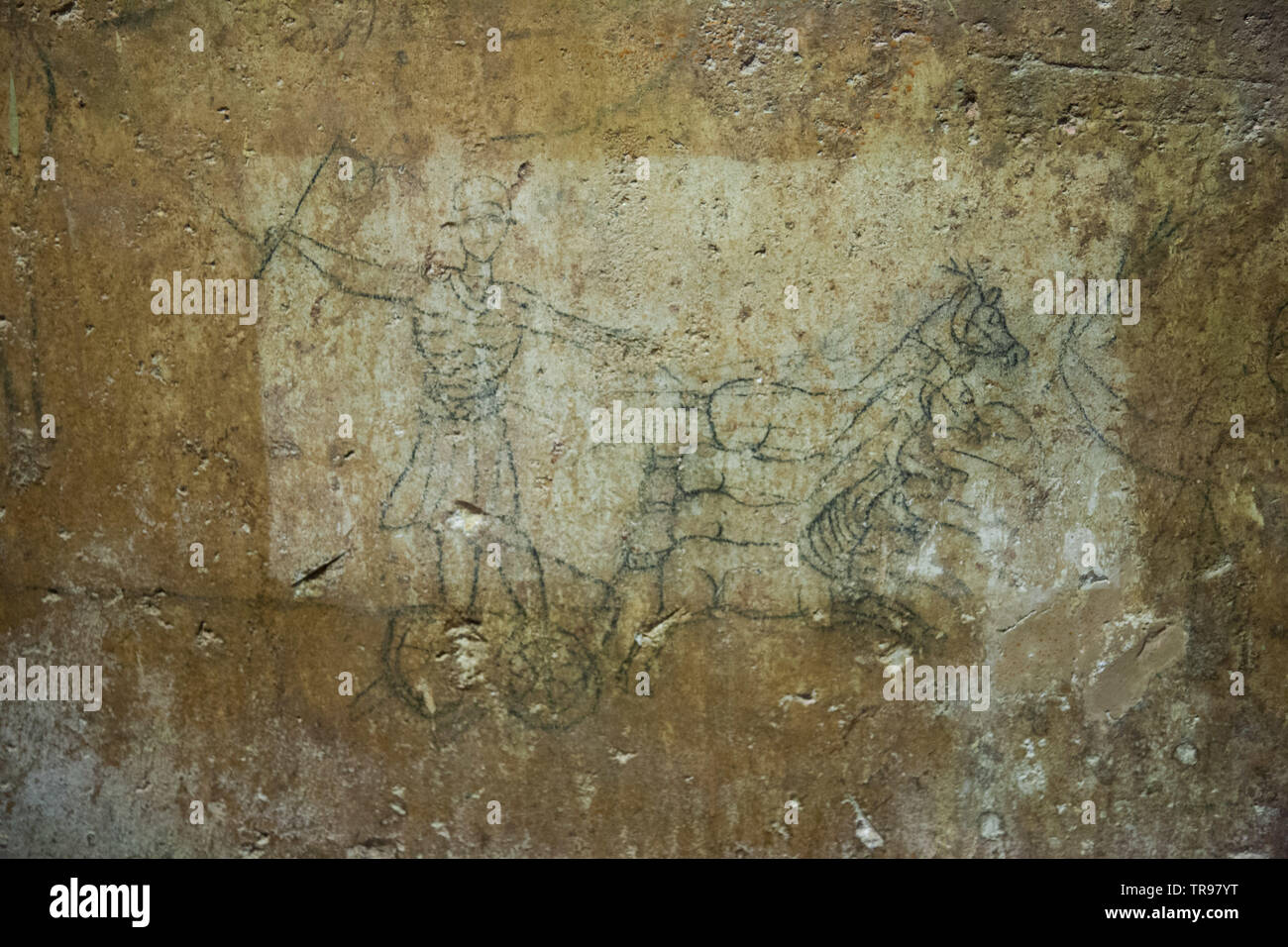 4./5. Jahrhundert römischen Graffiti an den Wänden der U-HYPOGEUM unter der Kirche von San Salvatore in Sinis, Sardinien Stockfoto