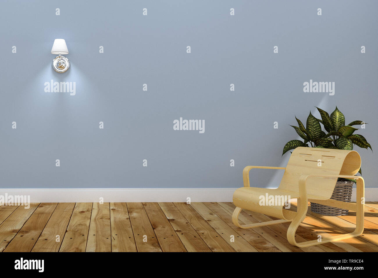 Wohnzimmer Einrichtung mit Holz- Sofa mit einer Lampe, Pflanzen auf der blauen Wand Hintergrund. 3D-Rendering Stockfoto