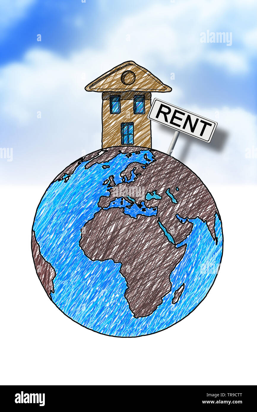 Mieten Wohnungen rund um die Welt. Konzept Bild mit Haus auf einem Planeten Erde und Plakat mit schriftlichen mieten. Mieten Wohnungen rund um die Welt. Conce Stockfoto