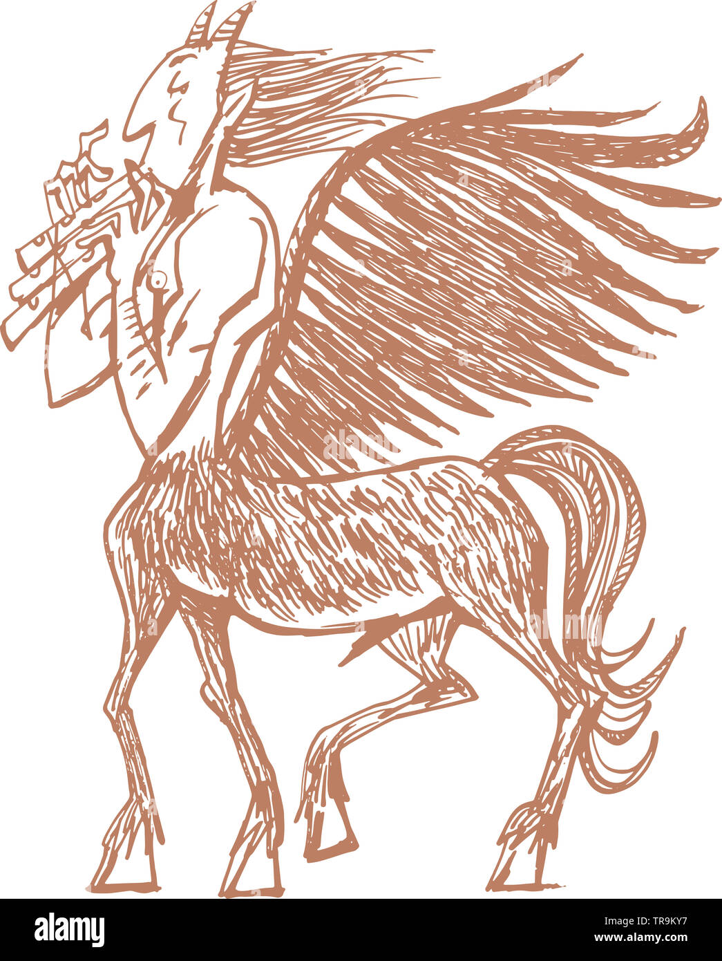 Mystic Centaur mit Flügeln spielt die Flöte. Abbildung der alten griechischen Mythos Stockfoto