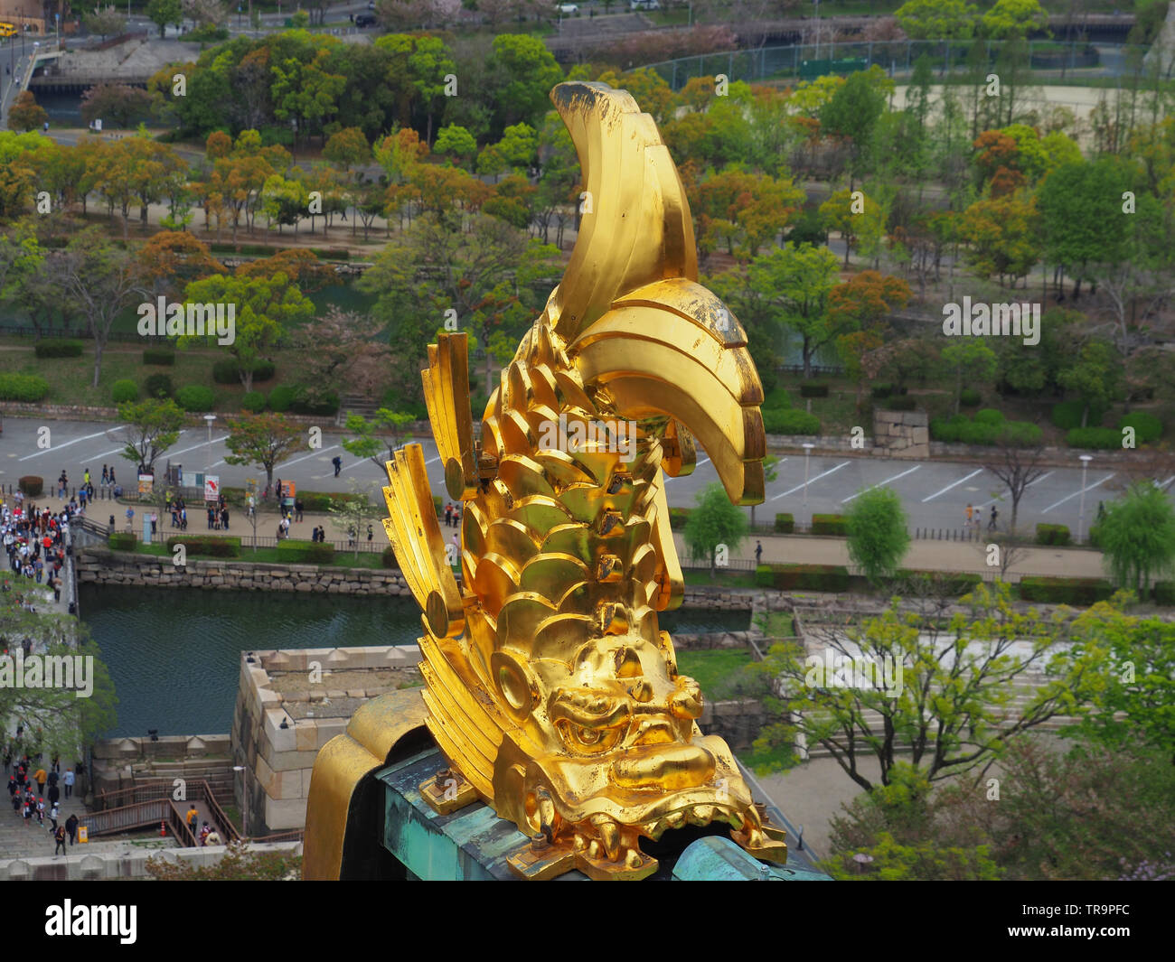 Golden Shachi/shachihoko auf dem Dach der Burg von Osaka in Japan Stockfoto