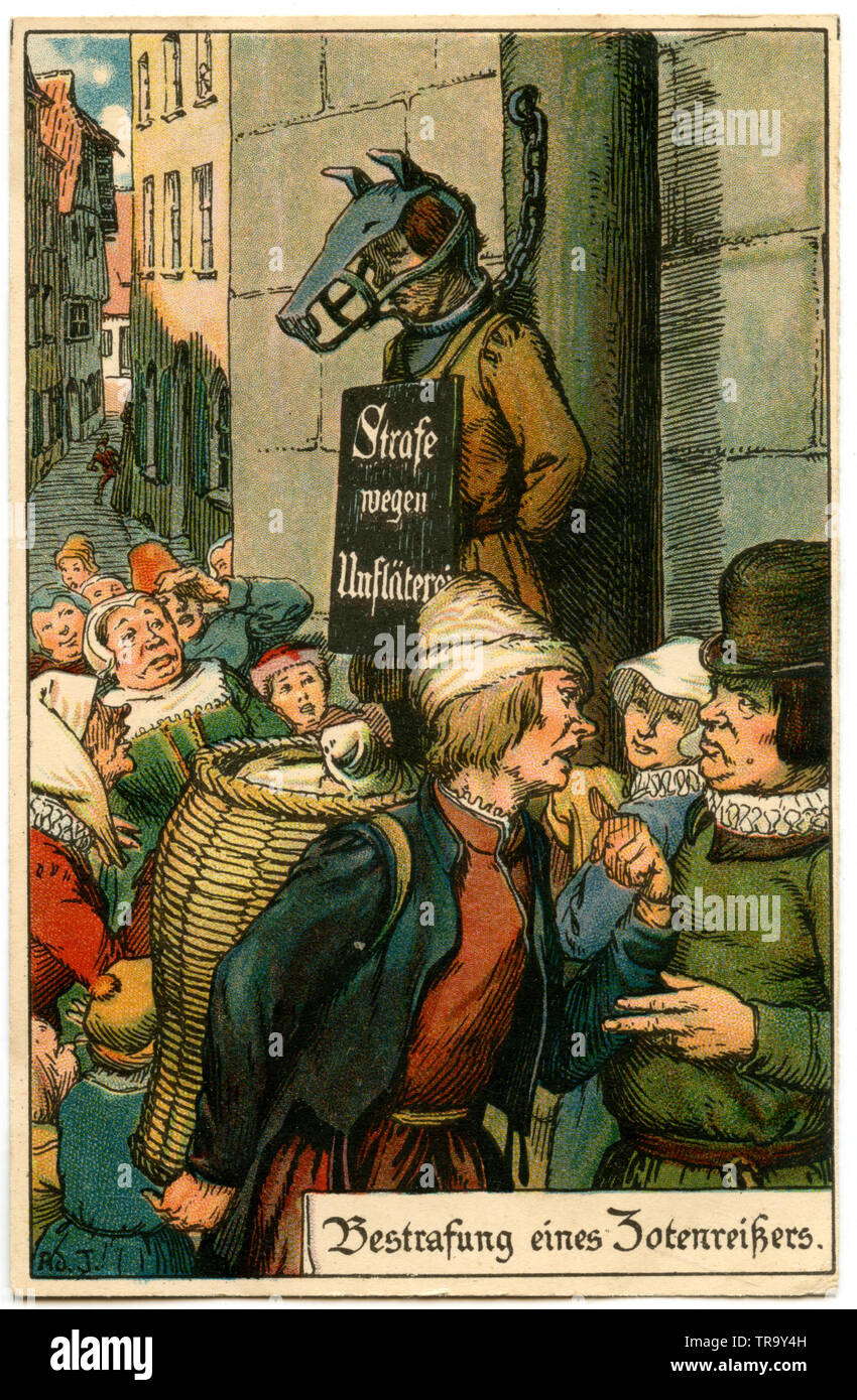 Die Bestrafung eines Zotenreißer am Pranger: "Strafe, weil der Unfläterei'. , Ad. J. (Postkarte, Ca. 1920) Stockfoto