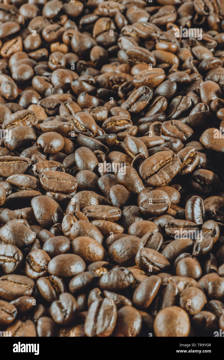 Hintergrund: Eine Menge Kaffee ganze Körner liegt. Vertikale getönten Fotografie Stockfoto