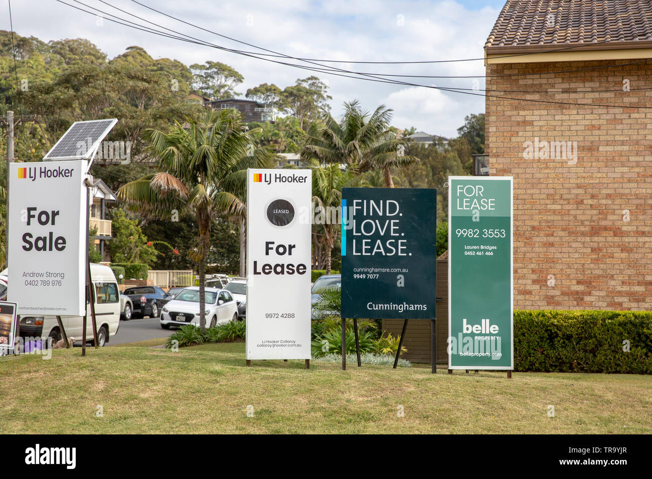 Immobilien Schilder Werbung Wohnungen und Immobilien zum Verkauf und zur Miete in Ryde, Sydney, Australien Stockfoto