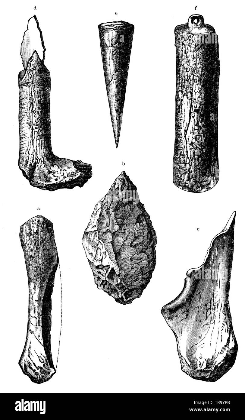 Predmoster Artefakte aus Knochen (nach mankel),, (Anthropologie, 1894) Stockfoto