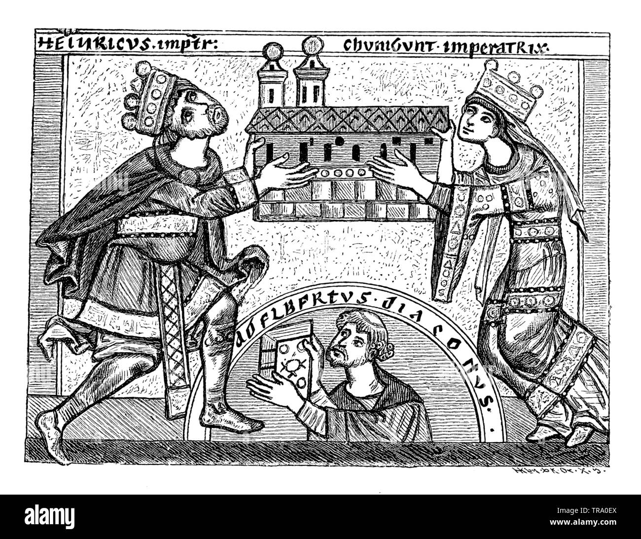 Heinrich II. und Cunegonda als Kirche Erbauer. Von der Abdeckung des Codex in der Bamberger Bibliothek: 'De Vita et de Gestis S. Heinrici imperiatoris et confessoris'. Die Abbildung im Bogen unten führt der Verfasser der Bild, "adelbertus diaconus', unter ihm die Worte "Pro mich scripta tibi Rex hec est pagina libri' - Diese Seite des Buches geschrieben ist (lackiert) für Sie, mein König, durch mich.,, Adelbertus (Geschichte Buch, 1899) Stockfoto