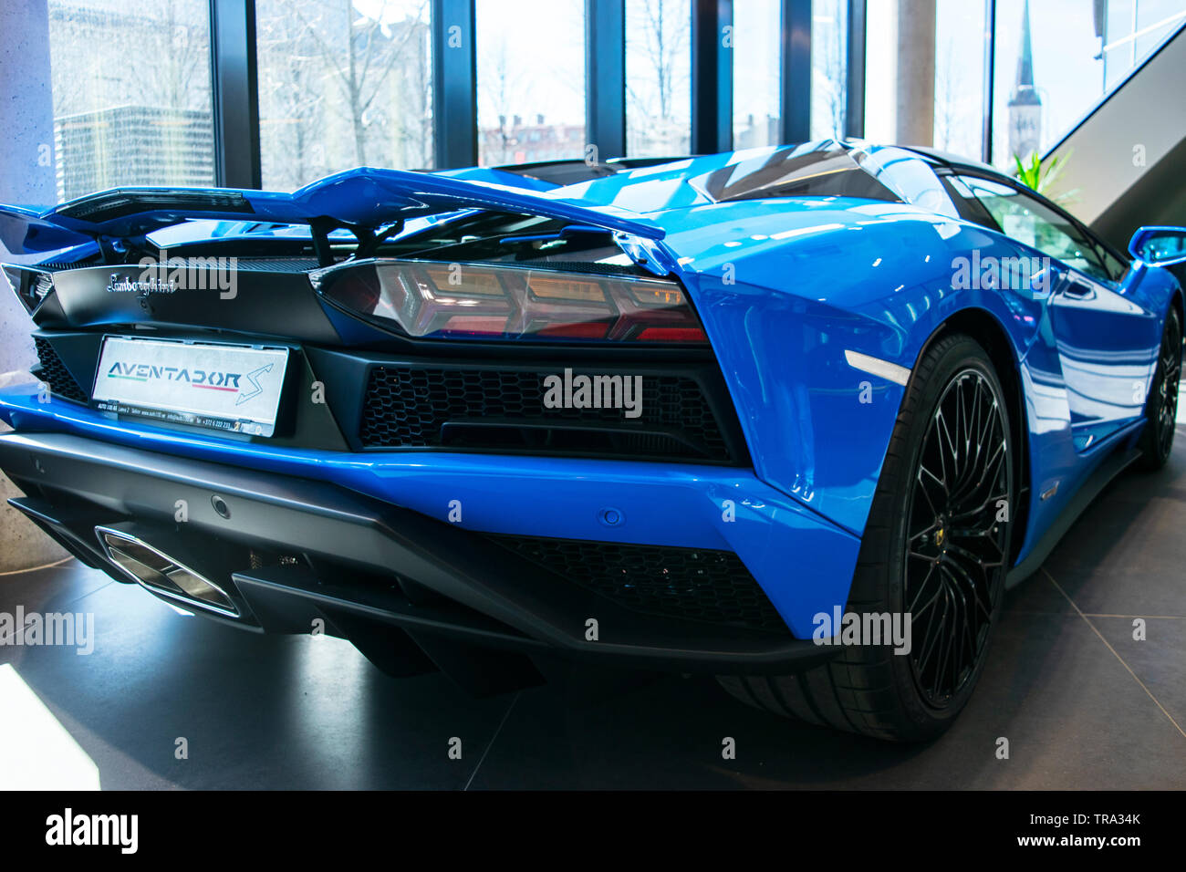 Tallinn, Estland, 23. April 2018: die Rückansicht des neuen Lamborghini Aventador S Coupé. Scheinwerfer. Von Autoteilen. Auto außen Details Stockfoto