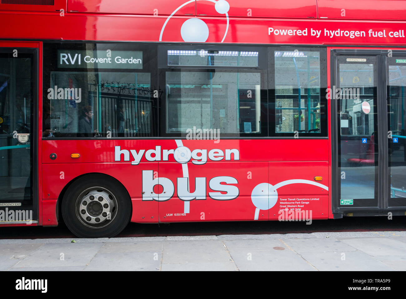 Seitenansicht eines RVI Covent Garden Hydrogen Fuel Cell Bus Stockfoto