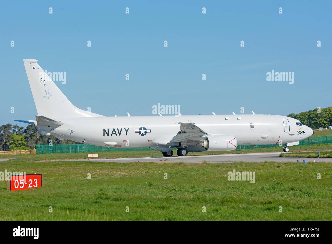 United States Navy Boeing POSEIDON P8 Mariyim Patrol aircraft Vorbereitung RAF Lossiemouth Air Base in Nordostschottland.de zu verlassen. Stockfoto