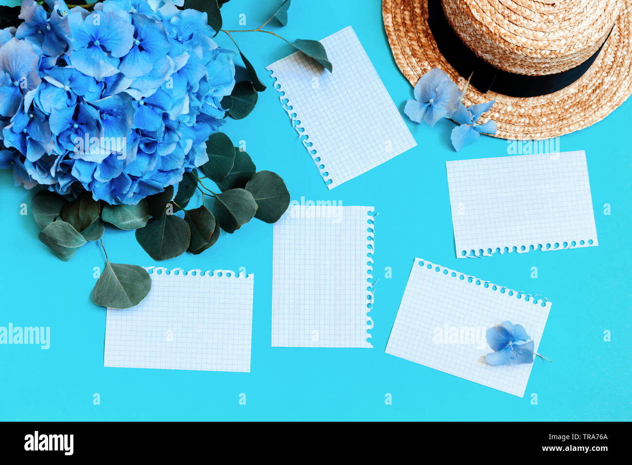 Blumenstrauß Blaue Hortensie auf einem blauen Hintergrund mit weißen getrennt Seiten und Stroh Sommer Hut. Platz kopieren Stockfoto