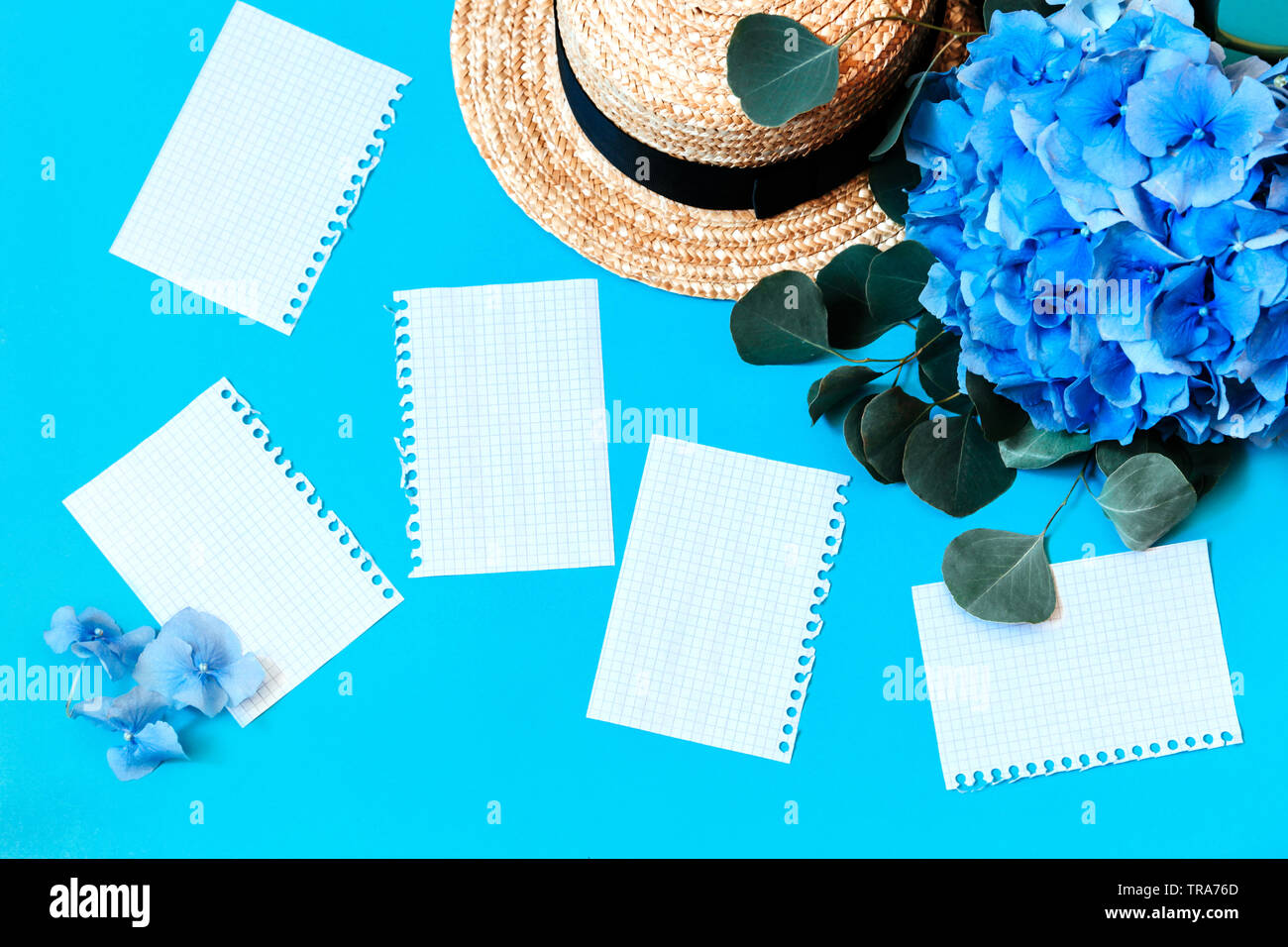 Blumenstrauß Blaue Hortensie auf einem blauen Hintergrund mit weißen getrennt Seiten und Stroh Sommer Hut. Platz kopieren Stockfoto
