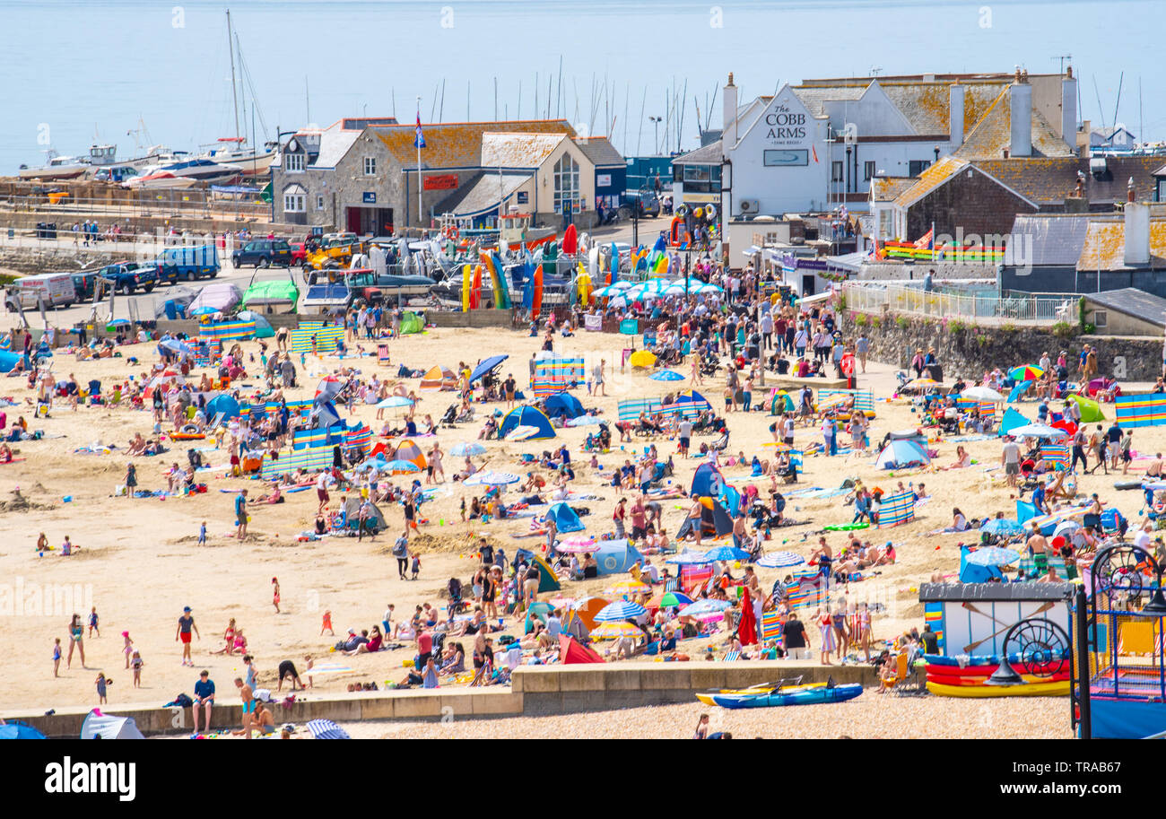 Lyme Regis, Dorset, Großbritannien. 1. Juni 2019. UK Wetter: Der Badeort Lyme Regis swelters in glühend heiße Sonne auf den ersten Tag der meteorologische Sommer. Massen von Touristen und Besucher in Scharen zu dem malerischen Strand in der Sonne zu aalen als Küstenstadt am heißesten Tag des Jahres so weit brutzelt. Credit: Celia McMahon/Alamy Leben Nachrichten. Stockfoto