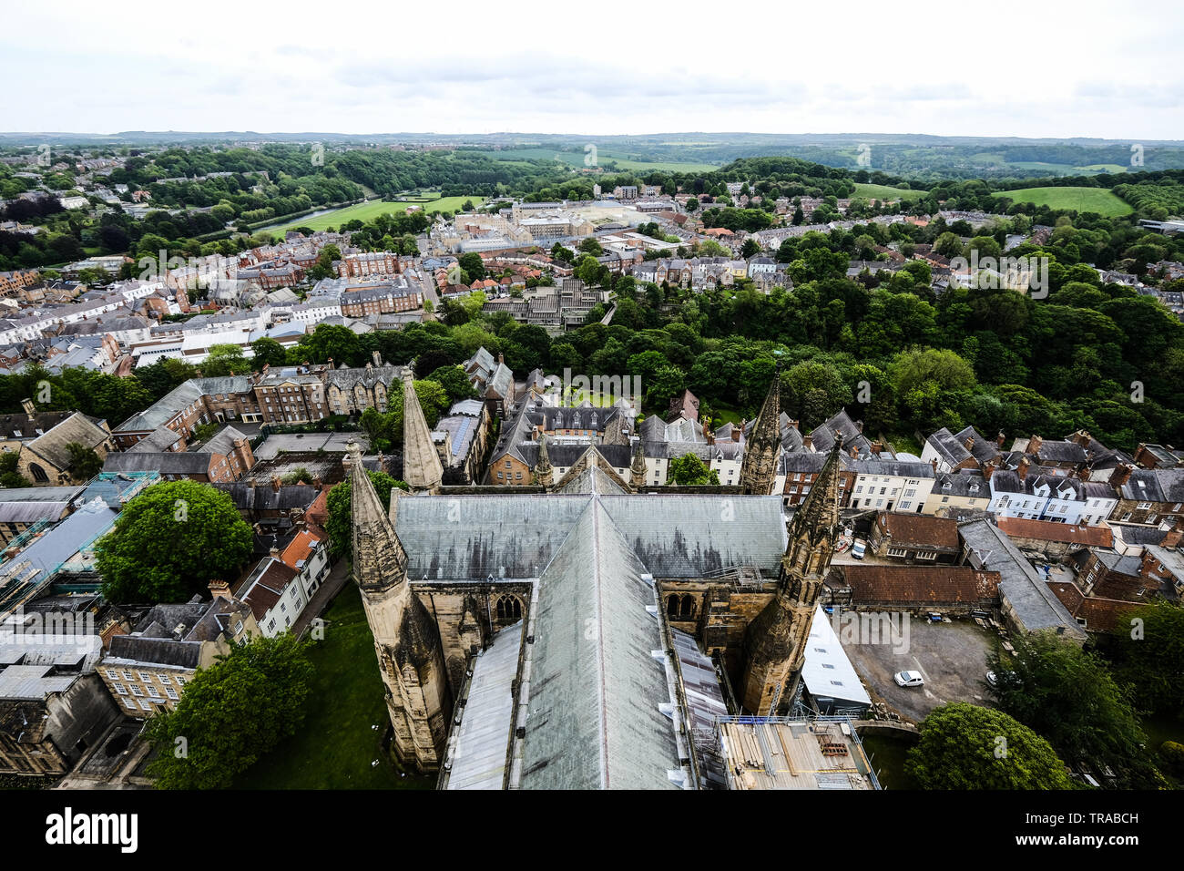 Blick auf Durham, England, von der Spitze des Central Tower in Durham Cathedral Stockfoto