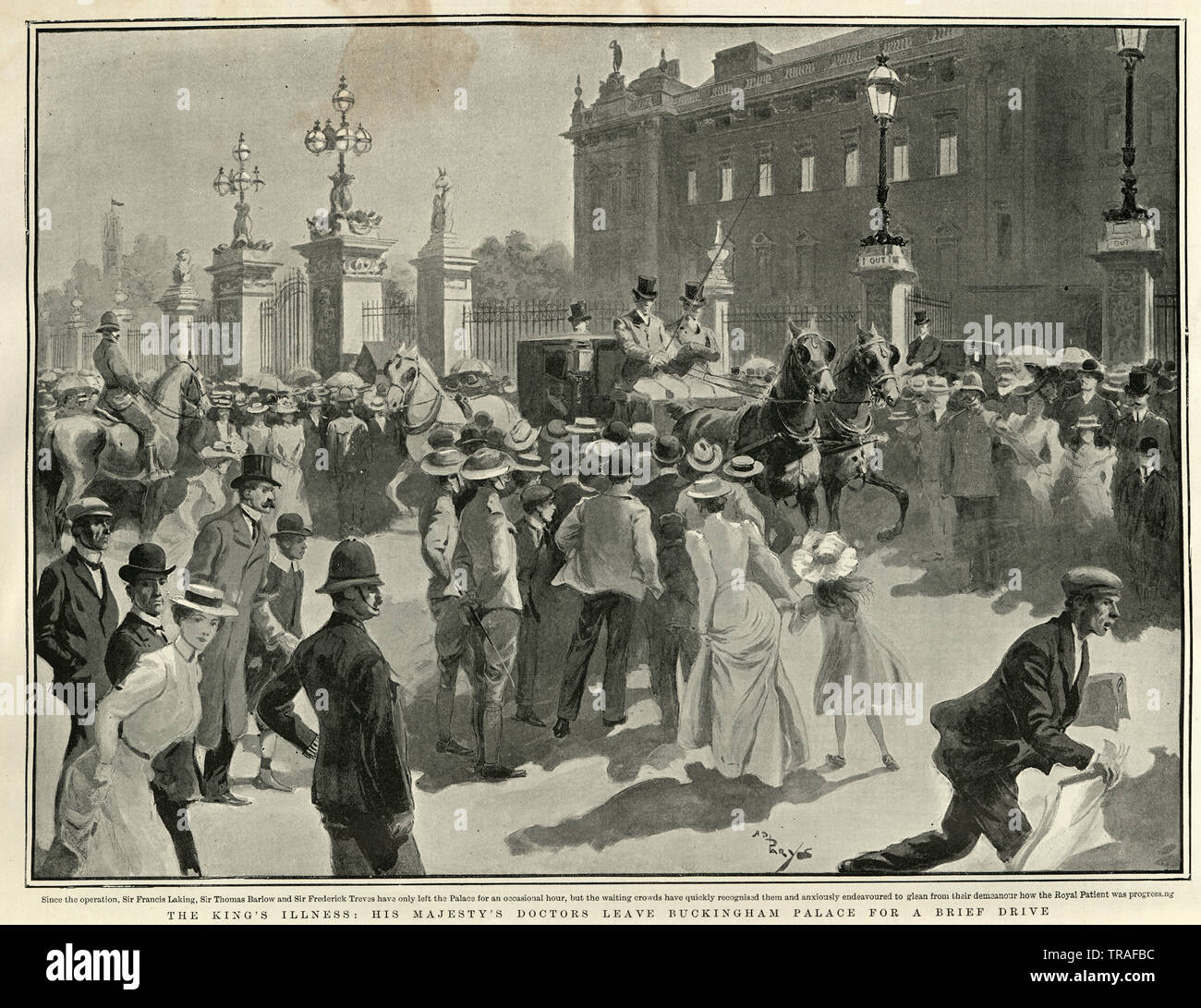 König Edward VII. Krankheit, doctrors verlassen Sie den Buckingham Palace, 1902. Edward's Krönung war ursprünglich für den 26. Juni 1902 geplant. Aber zwei Tage zuvor, am 24. Juni, wurde er mit Blinddarmentzündung diagnostiziert. Stockfoto