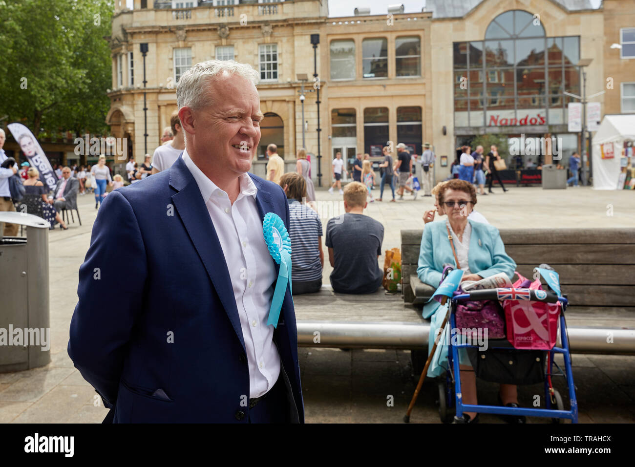 Peterborough, Großbritannien - 1 Juni, 2019: Brexit Kandidat Mike Greene und Wahlkampf am Wochenende vor der Nachwahl in Peterborough. Stockfoto