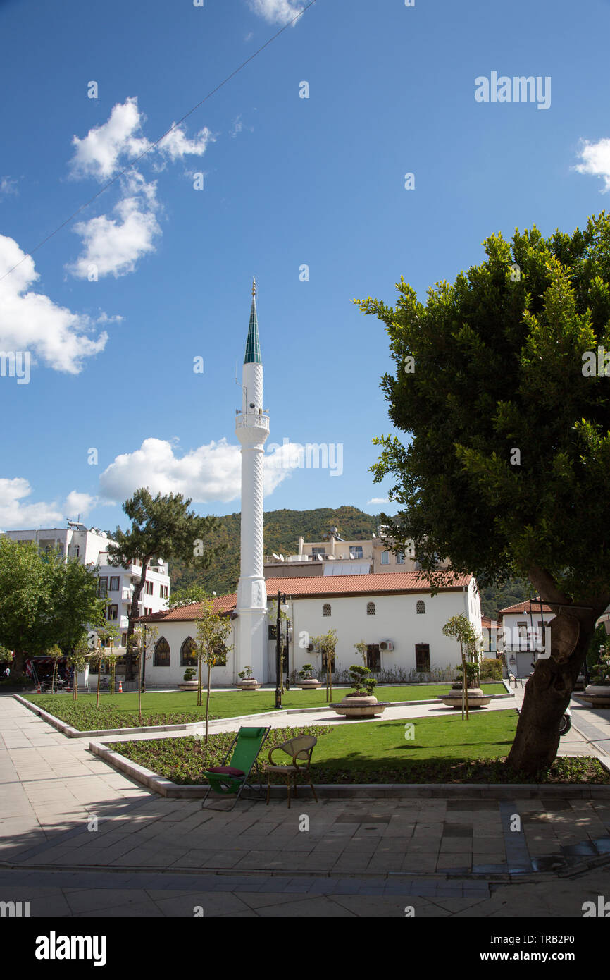 Eski Ibrahim aga cami Moschee mit Ottamanstil wünschen miranet, Marmaris Altstadt, Provinz Mugla, Türkei Stockfoto