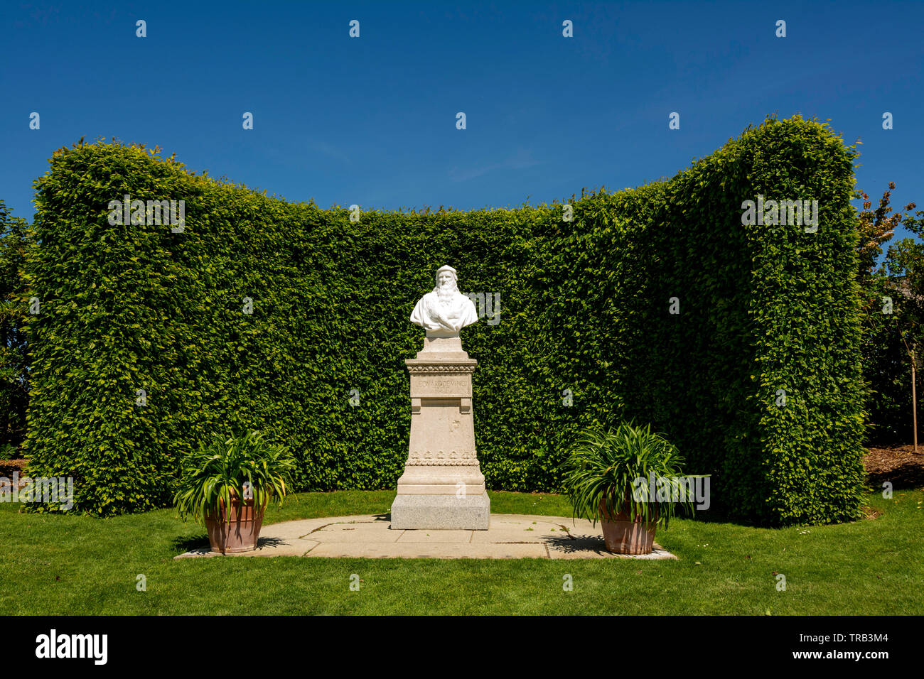 Leonardo-da-Vinci-Denkmal im Garten des Chateau d'Amboise, Tal der Loire, Indre-et-Loire, Center-Val de Loire, Frankreich, Europa Stockfoto