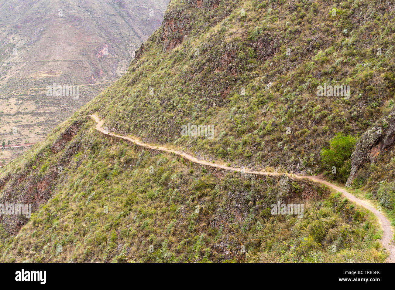Schmale Wanderweg entlang der Hügel oberhalb des Dorfes Pisac, Peru. Stockfoto