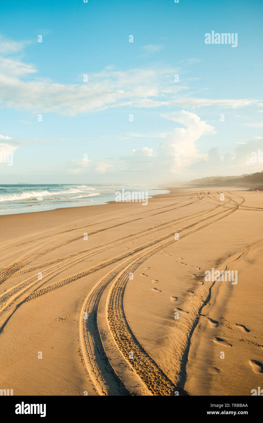 Leerer Strand mit Reifenspuren im Crowdy Bay National Park, New South Wales, Australien Stockfoto