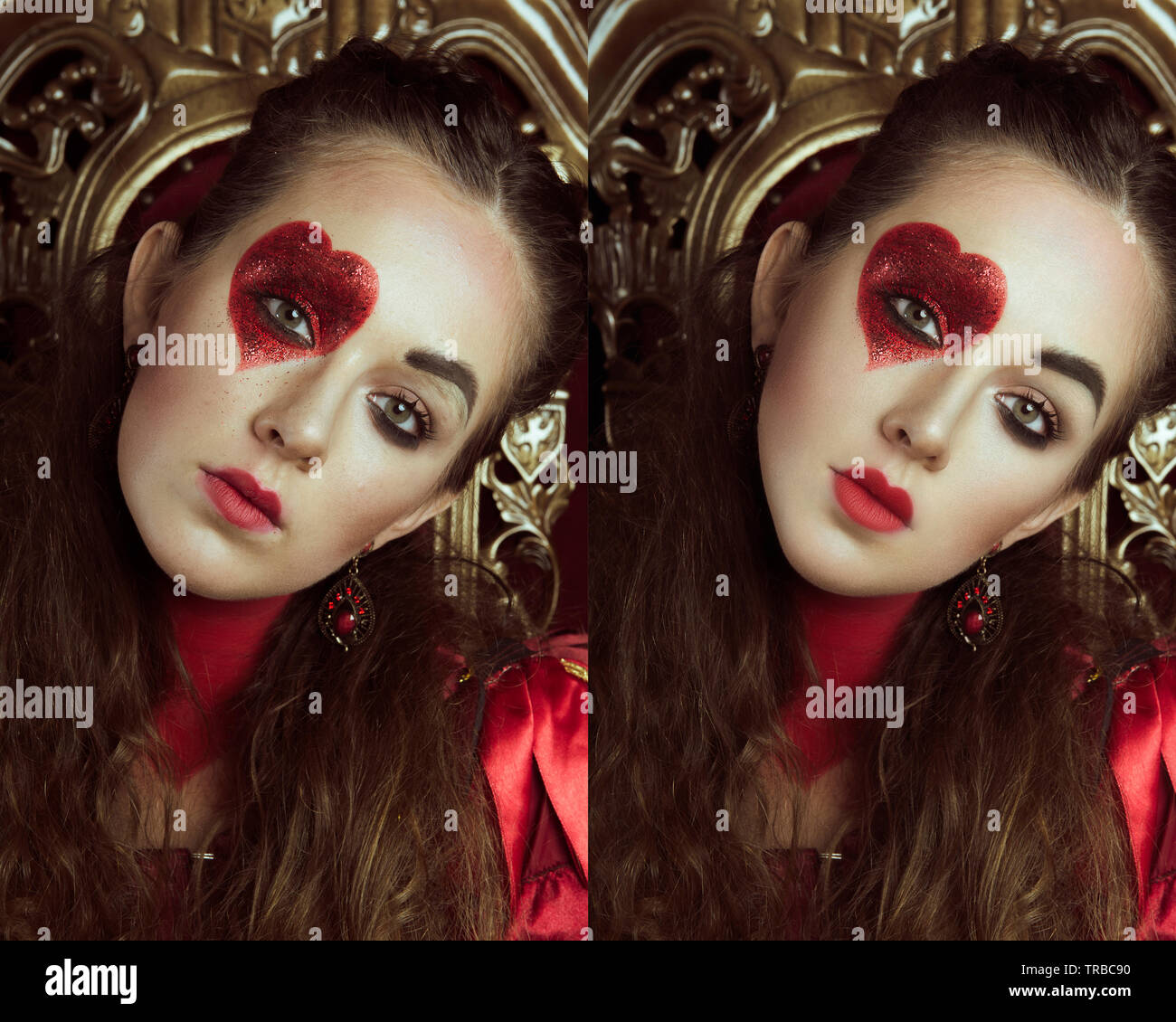 Frau Gekleidet Wie Die Konigin Der Herzen Kreativ Make Up Mit Grossen Herzen Auf Auge Madchen Auf Dem Thron Sitzen Hi End Retuschierte Portrat Konzeptionelle Foto Stockfotografie Alamy