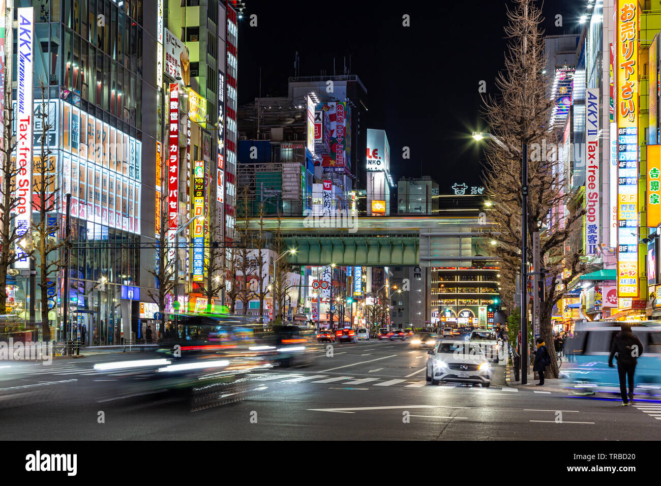 Tokyo, Japan - 23. Februar 2019 - Tokyo's berühmten Elektronik Shopping Bereich, Main Street neon's Akihabara Zeichen leuchten in der Nacht auf den 23. Februar, 2019 Stockfoto