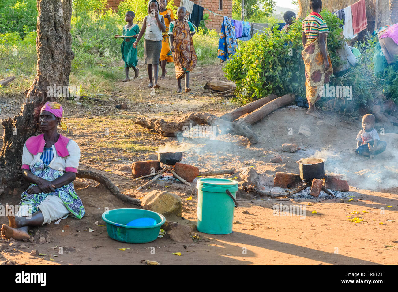 Eine Frau wartet, die von den Wurzeln der einen Overhead Baum in einem Dorf in Malawi als Töpfe mit Essen kochen in der Nähe auf dem Feuer sitzen Stockfoto