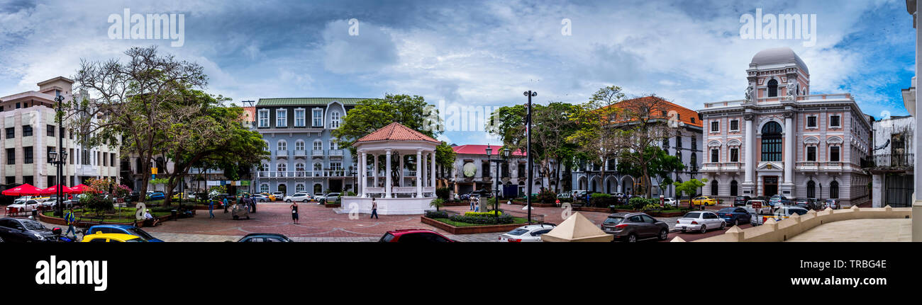 Panorama Blick auf die Plaza de la Independencia Panama City Casco Viejo Stockfoto