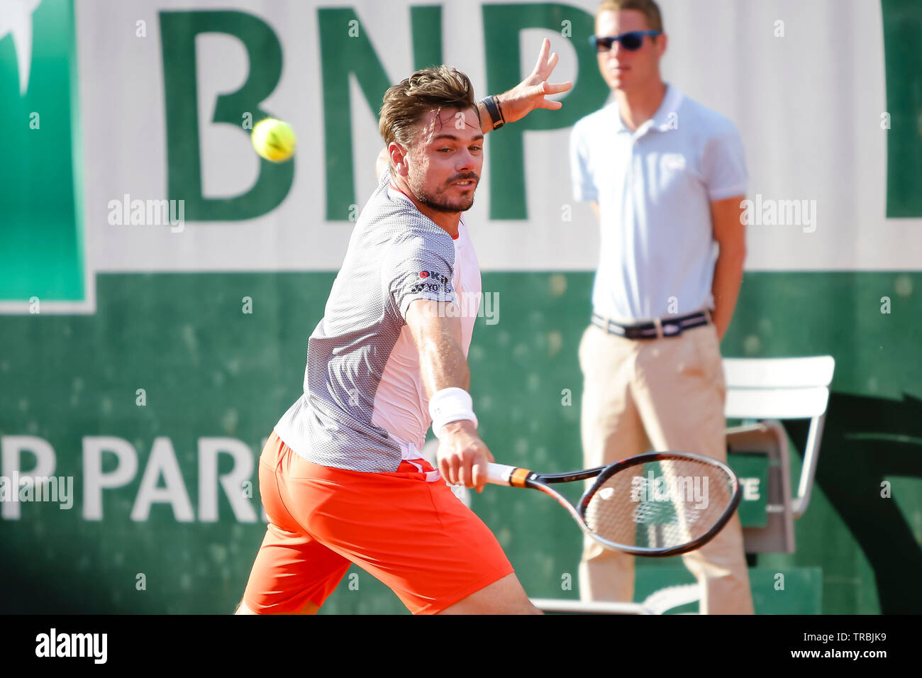 Paris, Frankreich. 2. Juni 2019. Stan Wawrinka aus der Schweiz in Aktion während der French Open 2019 Grand Slam Tennis Turnier in Roland Garros, Paris, Frankreich. Frank Molter/Alamy leben Nachrichten Stockfoto