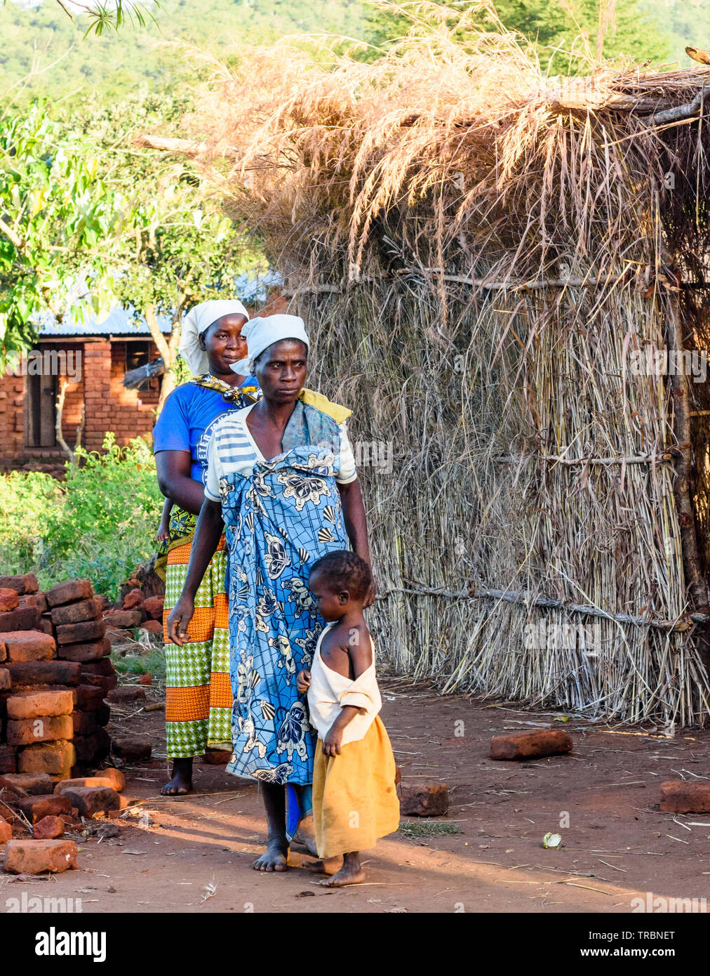 2 Frauen stehen mit einem jungen Kind neben der Wand eines provisorischen Gebäude aus Gras in einem Dorf in Malawi Stockfoto
