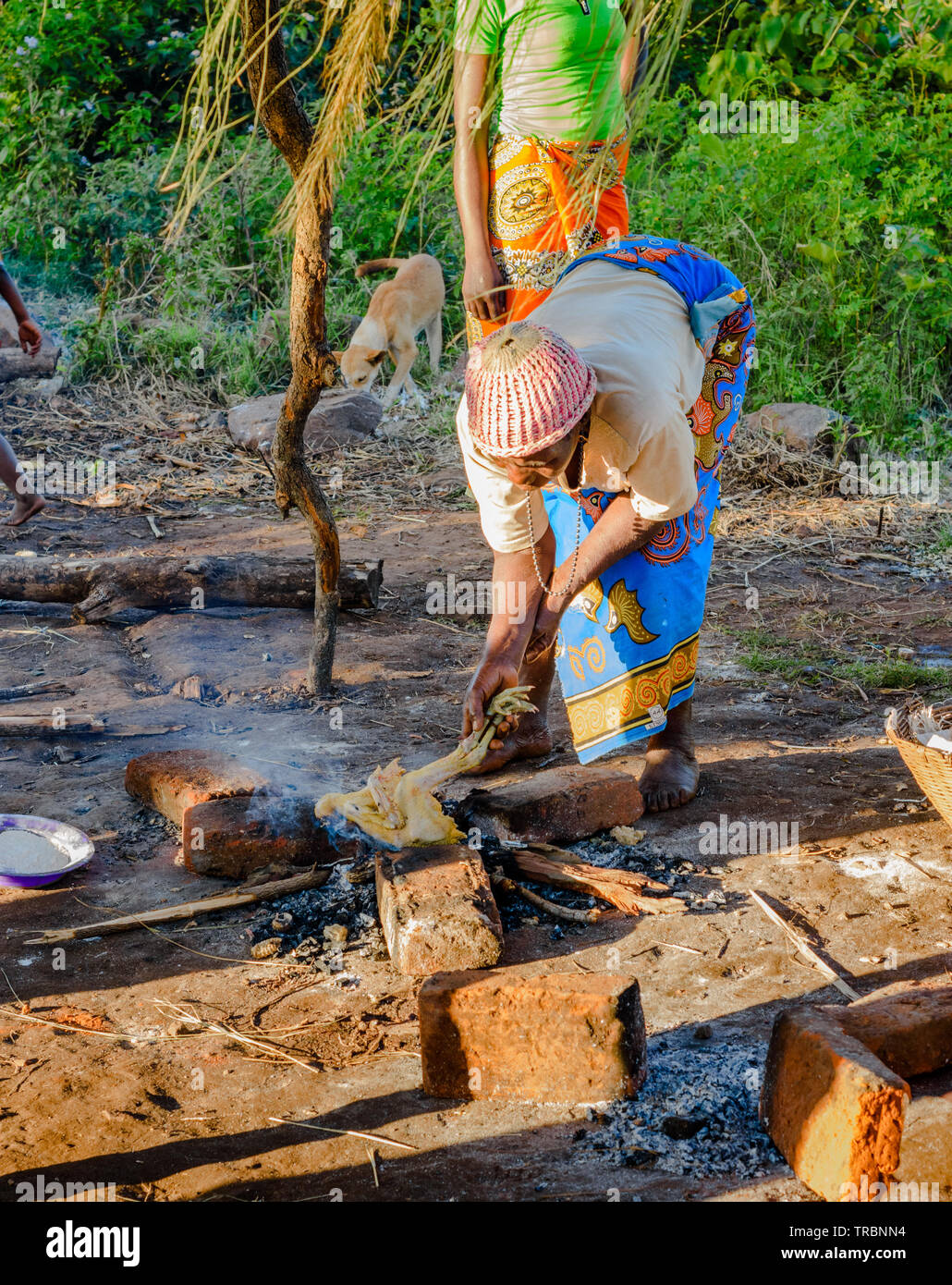 Eine malawische Frau kocht ein ganzes Huhn über einem offenen Feuer halten Sie durch seine Beine in der Flamme Stockfoto