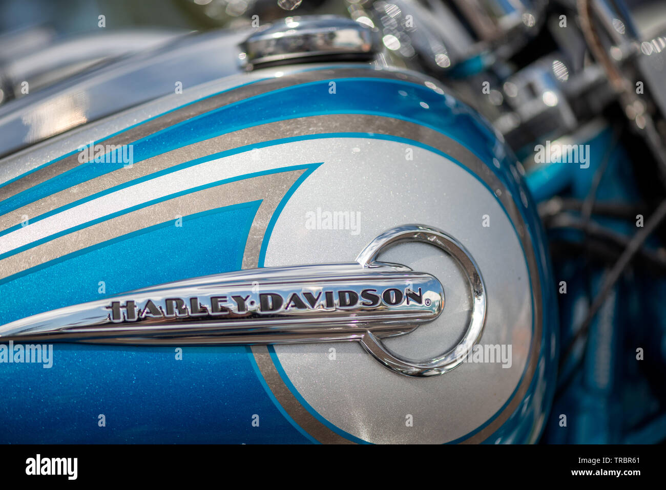 Harley Davidson-Logo auf weiß-blauem Benzintank Stockfoto