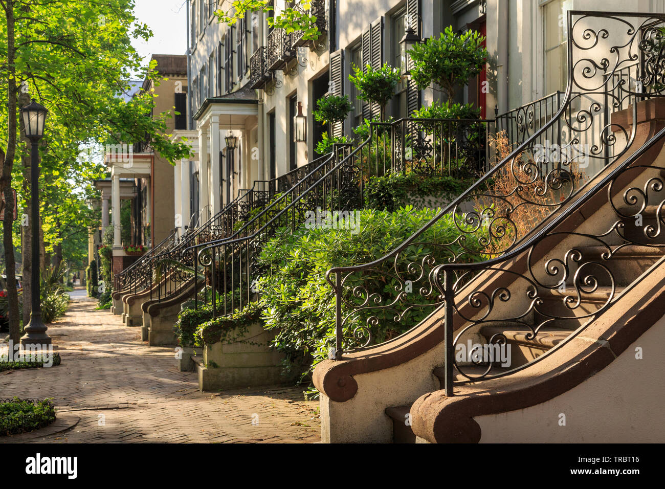 Historische Bezirk Straße, gesäumt mit Zeile Wohnungen im Frühjahr, Savannah, Georgia Stockfoto